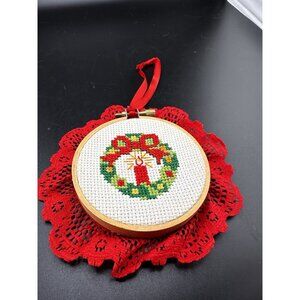 Completed Candle Wreath Cross Stitch Embroidery Christmas Ornament Hoop Red Lace